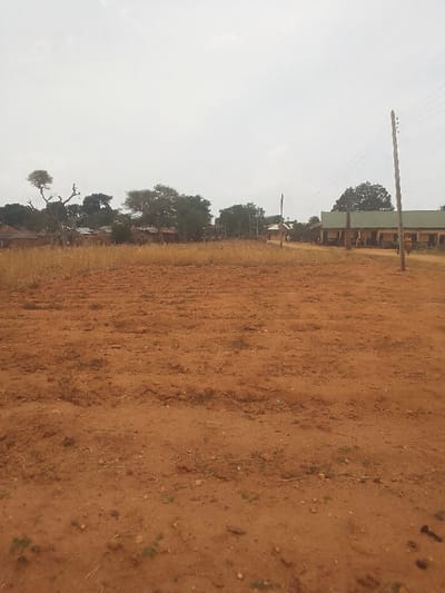 The image shows a dirt field in front of a cluster of buildings, likely a school or community center, located in Kwal, Nigeria, at the coordinates 9.805 latitude and 8.647 longitude. Several people can be seen walking in the distance. Two power lines with wooden poles run parallel along the right edge of the image. There are trees and foliage on both sides of the field, leading to the cluster of buildings. The sky is overcast and the ground is brown and dry. The field appears to be relatively flat and dusty, with a slight amount of vegetation scattered throughout.