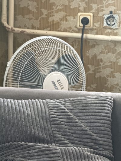 The image shows a room interior. On the left, floral patterned wallpaper is visible, along with an electrical outlet and an unused electrical box lacking a cover. A white fan is plugged into the outlet. To the right of the fan, a gray, vertically-ribbed cushion or throw is partially obscuring the view.
There is no indication this image was taken in Gorni Bogrov, Bulgaria.
