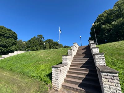 The image depicts a wide stone staircase leading up a grassy hill under a clear blue sky. The staircase is bordered by low stone walls topped with flat grey caps, constructed from light-colored, stacked rectangular stones. The steps themselves appear to be made of a darker, possibly concrete or stone material, and are worn with use. Green grass covers the slopes of the hill, with patches of smaller green plants growing along the base of the stairs. Several lampposts with spherical lights are visible along the staircase and on the higher ground. In the distance, a flagpole flies the Estonian flag, which consists of three horizontal stripes of blue, black, and white. Lush green trees frame the scene on the left and right, with a denser concentration of trees on the far right, creating a shaded area on the hill. The overall impression is a well-maintained public space, likely a park or memorial, in Toila, Estonia.