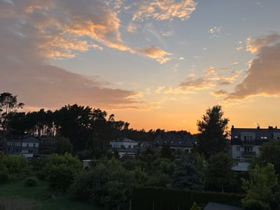 The image captures a residential area in Marki, Poland, during a sunset. The sky is painted with warm hues of orange, pink, and pale blue, with scattered clouds tinged with gold. Below the sky, a dense line of dark green trees forms a silhouette against the colorful horizon. Interspersed within and behind these trees are various buildings. To the left, a multi-story building with a grey and white facade is visible. Towards the center and right, several other residential buildings with dark, angled roofs are present, some featuring balconies and windows. The foreground is dominated by lush green foliage, including bushes, trees, and grass, creating a layered effect that obscures the ground level in some areas. A chain-link fence is partially visible in the bottom left corner. The overall scene suggests a quiet, suburban evening.