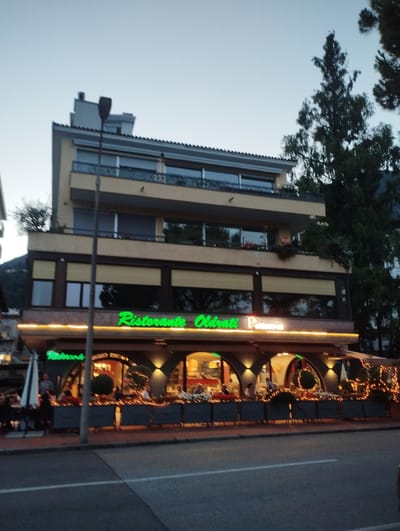In the city of Muralto, Switzerland, an exterior view captures a multi-story building featuring a restaurant and pizzeria on the ground floor. The restaurant's signage, illuminated in green neon, reads "Ristorante Oldradi Pizzeria". The facade of the restaurant is adorned with a warm yellow glow from string lights, accentuating the outdoor seating area where patrons are visible dining. The building's upper floors are partially obscured by trees, with one being particularly large and dark green. The sky above is a pale blue, suggesting either dawn or dusk. A lamppost stands in the foreground, partially obscuring the view of the building's facade. A paved road with a white line marking is in front of the restaurant.