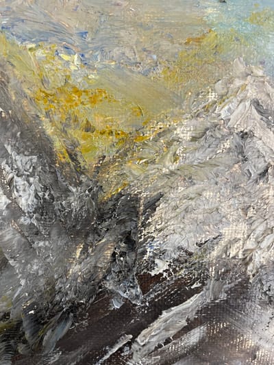 This is an abstract painting with thick impasto brushstrokes. The palette consists primarily of grays, whites, and yellows, with hints of blue and black. The texture is highly varied, with smooth, blended areas contrasted by rough, sculpted peaks of paint. The overall impression is one of dynamic movement and textural depth.
The painting's subject matter is ambiguous due to its abstract nature, but the interplay of light and shadow, and the suggestion of contrasting elements, could be interpreted as a representation of a natural landscape or an emotional state. The specific location in the city of Novogorelovo, Russia, is not depicted in the artwork itself, as it is an abstract piece.