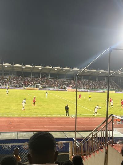 A soccer game unfolds under stadium lights, viewed from the stands. Players in red and white uniforms populate the green field. A referee oversees the match. The stadium is filled with spectators. Railings separate the viewer from the field, and other spectators stand nearby. An advertisement is visible. The sky is dark, contrasting with the brightly lit stadium.
