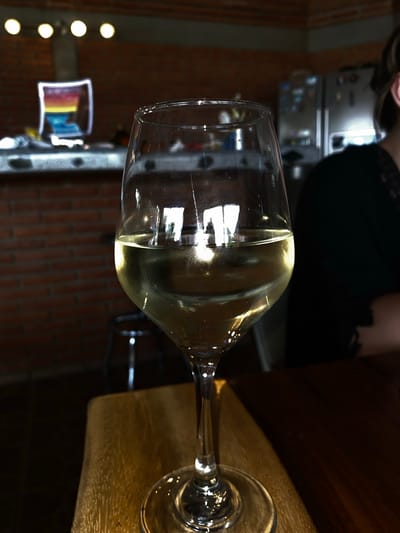 The image shows a wine glass filled with a light-colored liquid, likely white wine, lying on its side on a wooden surface. In the background, blurred elements suggest an indoor setting. There's a brick wall, a silver appliance, and part of a person wearing a dark top. An item with a colorful rainbow gradient is visible, but not identifiable. The setting does not match San Francisco Lachigoló, Mexico.