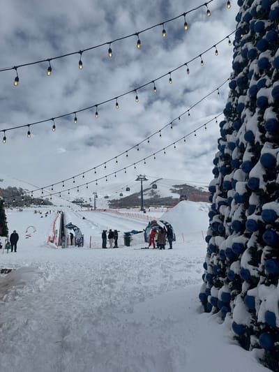 This image captures a snowy winter scene at a ski resort in Yeghipatrush, Armenia, under an overcast, cloudy sky. In the immediate foreground, a substantial accumulation of snow is present. Dominating the right side of the frame is a large, snow-covered artificial tree, densely adorned with numerous spherical blue ornaments. Overhead, multiple parallel strands of string lights with illuminated, yellowish bulbs stretch across the upper portion of the scene.
The midground depicts an active snow recreation area. To the left, a gentle, snow-covered incline features a visible conveyer belt lift. Several individuals are present on or near this lift, and additional small figures are scattered further up the slope. In the center-right midground, a group of approximately eight to ten individuals, dressed in various winter outerwear, are gathered on the snow. At least two sets of skis are positioned on the ground next to them. Behind this group, a blue and white inflatable archway is discernible. Red safety netting is visible, delineating sections of the terrain.
The background reveals snow-covered mountains, featuring multiple ski lift towers and operational gondola cabins ascending and descending, confirming the site as a ski facility.