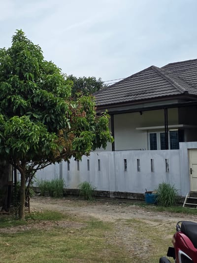 In a frontal view, a partially built or renovated residential house is visible in Bireuenmeunasahreuleut, Indonesia. The house features a dark gray tiled roof and a white facade. A white wall with rectangular cutouts runs along the front of the property, separating it from the unpaved yard. A large green tree with dense foliage stands to the left of the frame, partially obscuring the house. In the foreground, a red motorcycle is parked on the right side of the unpaved area, which is covered with grass and gravel. The sky is overcast, suggesting a cloudy day.