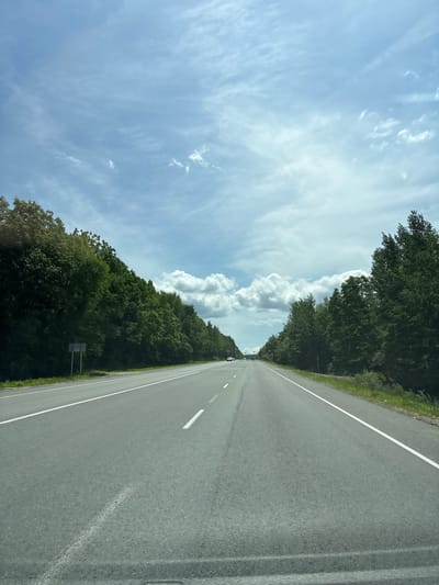 The image shows a straight, two-lane asphalt road with white lane markings, traveling through a landscape of dense green trees on both sides. The sky above is a bright blue with scattered white, fluffy clouds. There are a few cars visible in the distance on the road. The scene appears to be a highway or a major road outside of a populated area. The overall impression is that of a sunny day during a road trip through a natural environment.