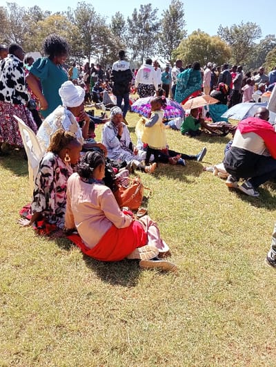 This media file captures a wide outdoor scene featuring a large gathering of people, including adults and children, on a sunny day in Kimumu ward, Kenya. The setting is a grassy field with numerous trees visible in the background, suggesting a park or open area.
In the foreground, several individuals are seated directly on the dry, green grass. One woman, seen from behind, wears a light-colored top and a prominent red skirt, with a brown handbag resting beside her. To her left, two other women with braided hair are also seated. Further into the foreground-midground, a group of women and a small child in a bright yellow dress are seated, with some using umbrellas for shade from the strong sunlight. One woman wears a white headscarf and a patterned white and gold garment.
The mid-ground and background are densely populated with many more people, some standing and others seated on the ground. Various casual and traditional attire styles are visible throughout the crowd. A woman in a bright green dress stands on the left, observing the scene. Towards the center-back, a man in a dark jacket has the word "VALDEZ" or "VADEZ" faintly visible on its back. Another woman behind him wears a white hoodie with unreadable text.
The event appears to be a large community gathering or social function, characterized by informal seating and relaxed postures. The bright sunlight, clear sky, and the use of umbrellas for shade indicate a warm, clear day. People seem to be interacting or observing, contributing to a lively but unhurried atmosphere.
