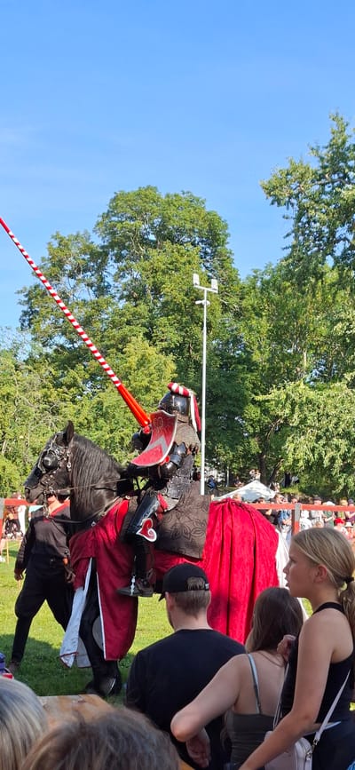 This image captures a jousting reenactment event, likely at the Turku Medieval Market, given the historical theme. In the foreground, spectators are visible, their backs turned to the camera, suggesting they are facing the jousting arena. A young woman with blonde hair tied in a ponytail is looking to the side.
The central subject is a knight in full black armor, mounted on a black horse. The knight holds a long lance with red and white striped detailing, pointed towards the viewer's left. The horse is adorned with a red caparison, and the knight's armor includes a red and silver shield. Another person, possibly a squire, dressed in black attire, stands to the left of the horse, holding the reins.
The background consists of lush green trees under a clear blue sky, typical of an outdoor event in a park or open field. There are indications of other attendees and stalls further in the background, subtly suggesting a larger festival atmosphere. The presence of a light pole with lighting fixtures in the middle ground indicates a modern event setup within a potentially historical reenactment.