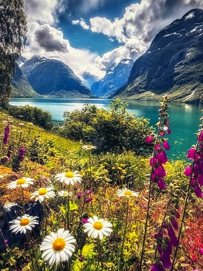 A picturesque landscape shows a lake surrounded by mountains under a cloudy sky. In the foreground, a vibrant field of daisies and purple wildflowers adds a burst of color, creating a stark contrast against the cool blues and greens of the lake and mountains. The image has an artistic filter applied, enhancing the colors and creating a dreamy, slightly surreal atmosphere.