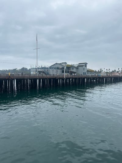 The image captures Stearns Wharf in Santa Barbara, California, United States, viewed from the water on an overcast day. The lower half of the frame consists of dark green-blue water with moderate surface ripples and vertical reflections of the pier pilings; a faintly visible coiled object, possibly a rope or cable, is present in the lower-center water. The midground features the pier structure, composed of a dark wooden deck supported by numerous dark vertical pilings. Positioned centrally on the pier is a multi-story building, primarily light gray/green with a green roof, exhibiting multiple windows and an outdoor dining area. To the left of this building, a tall white flag mast stands, displaying an indistinct flag. Several small, indistinct human figures are visible walking or standing on the pier deck. The background shows distant green vegetation on the left shoreline and sparse palm trees further along the pier to the right. The sky is uniformly light gray and overcast.
