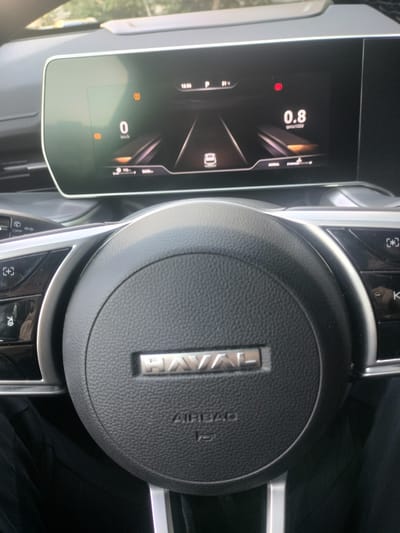 This is a close-up, slightly angled, eye-level shot of a modern car's interior, focusing on the steering wheel and digital dashboard. The steering wheel is black, textured leather with a silver "HAVAL" logo in the center and "AIRBAG" text below it. The dashboard features a large, wide digital screen displaying a stylized road view with driving information. On the left side of the screen, a speedometer shows "0 km/h" and two orange warning lights. On the right, a tachometer displays "0.8 rpmx1000" and a red warning light. The car appears to be stationary. The background shows a blurred green and yellow outdoor scene, suggesting the car is parked or in slow traffic during daytime. There is no indication of the location being in the city of Guy, Russia.