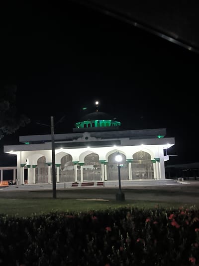 The image shows a mosque at night, likely in Seuneubok Teungoh, Indonesia. The mosque is white with green accents, particularly around the dome. It has an arcade-like facade with closed gates or doors. A lamp post stands in front of the mosque, illuminating the area. The building sits on a slightly elevated platform with steps leading up to it. A green lawn and hedges with red flowers are in the foreground. The sky is dark, with a bright moon visible above the mosque. No people are visible in the image. A utility pole is also present to the left of the building.