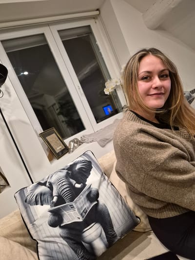 A woman with blonde hair and a brown sweater is sitting on a beige couch. Next to her is a decorative pillow with an image of elephants reading newspapers. A window is behind her, and a small framed picture sits on the windowsill. The location is indicated as Villerupt, France but there is no information to determine the specific location in the city.