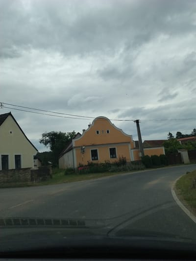 The image captures a rural roadside scene in Olešná, Czechia. The primary subjects are a series of houses and a road. One prominent house is painted a pale orange with a distinct curved gable and dark-framed windows. Adjacent to it, another house with a lighter colored facade and dark windows is partially visible at the bottom of the frame. The houses appear to be situated in a village setting, with trees and vegetation surrounding them.
The road, paved with asphalt, curves along the right side of the image, bordered by a grassy verge and some mature trees in the distance. Overhead power lines and a utility pole are visible, suggesting the presence of infrastructure in the area. The sky is overcast with heavy, grey clouds, indicating a cloudy or possibly rainy day. There is no visible text within the image. The overall impression is a quiet, everyday scene in a European village, likely captured during daylight hours under overcast conditions.