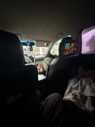 The image captures a unique, counter-clockwise rotated view from the interior of a car, looking forward from a rear passenger seat. Mounted on the back of the front passenger headrest is a tablet displaying an animated character, possibly a squirrel-like creature with large eyes, against a vibrant green and orange background. On the right side of the foreground, a patterned blanket, predominantly white with pink designs, covers what appears to be a seat or items, with a person's legs wearing brown pants visible beneath it.
Further ahead, the back and shoulder of a person in the front passenger seat, wearing a light-colored shirt, are partially visible. The car's dashboard, central console, and a rearview mirror are discernible. Attached near the rearview mirror is a black rectangular object, possibly a car air freshener. Several phone mounts or electronic devices, one displaying a map or navigation screen, are fixed around the dashboard area.
Outside the car, daylight streams through the windows, revealing urban or suburban buildings and hints of foliage. A faint red "MW" or "HW" text is visible on a sign outside, through the lower-left side window. The scene depicts a daytime journey or stop in a vehicle, set in Kiselevka, Russia.