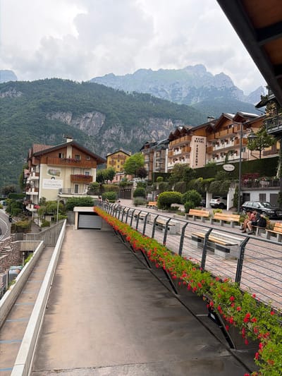 This is a vertically oriented, medium shot of a town nestled against a mountainous landscape. The buildings, with their characteristic wooden balconies and pitched roofs, ascend the hillside, interspersed with lush green trees. A prominent hotel, labeled "Alphotel Dolomiten," is visible, featuring a painted mural on its facade. Red flowers spill from planters lining a walkway above a concrete retaining wall. A metal railing separates the walkway from the buildings. In the distance, towering, rugged mountains rise against a cloudy sky. The scene appears to be set during daylight hours, with overcast weather contributing to a subdued atmosphere. A few people are visible sitting on benches along the walkway, suggesting a leisurely, possibly tourist-oriented, setting. A sign for "HOTEL PANORAMA" is also visible on one of the buildings. The overall impression is one of a serene mountain town with a strong connection to its natural surroundings.