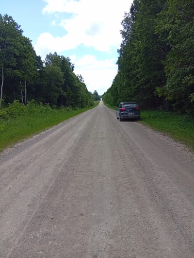 An eye-level, full shot shows a gravel road stretching into the distance, lined by dense green trees on both sides. The road is composed of light brown gravel with tire tracks visible. A dark colored car, possibly a hatchback, is parked on the right side of the road, facing away from the camera. The car has a license plate that reads "KGK 387". In the background, the road curves slightly and disappears over a distant rise. The sky above is blue with scattered white clouds. The scene appears to be in a rural area.