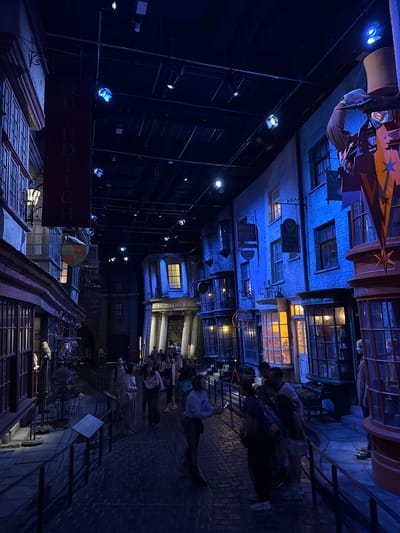 The image shows an artificial alleyway environment, likely a theme park attraction or stage set, with buildings lining a narrow cobblestone street. The buildings are designed with Victorian and Edwardian architectural styles, reminiscent of Diagon Alley from the Harry Potter series. Various shop signs are visible, including "QUIDDITCH", "SLUG JIGGERS", "GRINGOTTS BA", "Flourish & Blotts", and "BREWS & S". The alley is populated with people, suggesting pedestrian traffic. The scene is heavily lit with cool-toned blue lighting, creating a nighttime atmosphere. The location is unknown and may not be in Nerima, Japan.