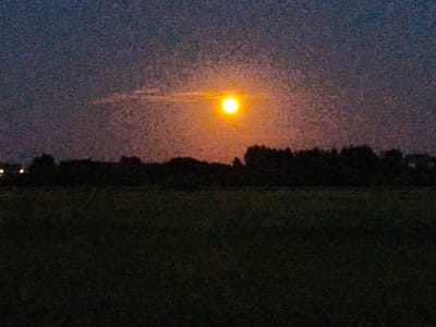 The image depicts a twilight scene with a bright, round celestial body, likely the moon, positioned in the upper center of the frame. The sky transitions from a deep blue-purple at the top to hues of orange and pink near the horizon. A thin, wispy cloud stretches horizontally across the sky, intersecting the celestial body. Below the sky, a dark, silhouetted treeline forms the horizon. In the foreground, a dark, grassy field occupies the lower half of the image. The overall impression is of a rural landscape at dusk in Kyviškės, Lithuania. There are no people or animals visible in the scene. The image exhibits a significant amount of digital noise, which gives it a grainy texture.
