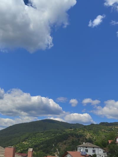 In Pletena, Bulgaria, this image captures a rural landscape under a vibrant blue sky dotted with white, fluffy clouds. A lush, green, heavily forested mountain dominates the mid-ground, its slopes interspersed with patches of lighter green vegetation and glimpses of terrain. In the foreground, several rooftops are visible, featuring terracotta tiles and chimneys. One prominent white house stands out, with dark-paned windows and solar panels on its roof, suggesting modern amenities within a traditional setting. The overall scene conveys a sense of peaceful, natural beauty and everyday rural life.