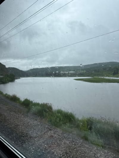 The image shows a body of water, likely a lake or river, viewed through a window with raindrops on it. The water is calm and reflects the overcast sky. Lush green vegetation lines the shore on the left side of the image, leading up to rolling hills covered in trees in the background. The sky is a uniform gray, indicating a cloudy or rainy day. In the foreground, a gravel embankment is visible, suggesting a railway track or road adjacent to the water. There are no people or specific identifiable landmarks visible in the image. The location is not specifically Minyar, Russia, as there are no visual cues to confirm this location.