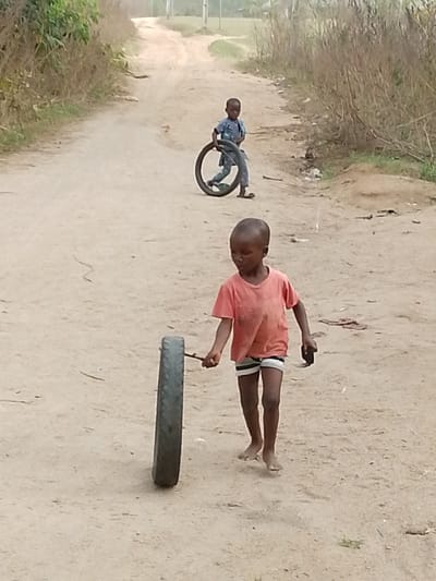 The image depicts an outdoor scene featuring two young boys playing on a dirt path. The setting appears to be a rural or semi-rural area, characterized by an unpaved road and wild vegetation.

In the foreground, a young boy with dark skin, wearing an orange/red t-shirt and striped shorts, is walking barefoot on the dusty ground. He is focused on rolling a dark-colored tire, possibly a small car or motorcycle tire, using a wooden stick held in his right hand to guide it. His left hand is casually held at his side. He is looking down and slightly to his left, concentrating on his activity.

Further down the winding dirt path, another boy with dark skin is visible. He is wearing a blue or grey long-sleeved shirt and matching trousers, along with sandals on his feet. This boy is holding a larger dark-colored tire, which he appears to be either carrying or preparing to roll. He is looking generally in the direction of the foreground boy or slightly off to the side.

The path itself is wide and unpaved, with visible tire tracks or footpaths ingrained in the dry soil. On either side of the path, there is sparse, dry-looking vegetation, including grasses and small shrubs, suggesting a dry climate. In the distant background, the path continues uphill, and more trees or denser vegetation can be seen, though the view is somewhat hazy.

The lighting suggests it is daytime, with soft, diffused light indicating either an overcast sky or a high sun without harsh shadows. The overall impression is one of simple childhood play in an unassuming, natural environment. There is no visible text in the image.