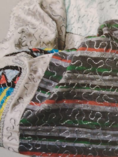 The image shows a close-up view of colorful textiles with intricate patterns. The dominant elements are fabric textures and stitched designs. On the left, a cream-colored fabric features delicate black, swirling thread patterns. Adjacent to it, a section of fabric displays bold geometric shapes in blue, yellow, red, and black. To the right, a larger portion of the image is dominated by striped fabric. These stripes alternate between dark gray, green, and red. All of these striped sections are adorned with a repeating pattern of white, wavy, ribbon-like stitches. The overall impression is one of layered, decorative fabrics, possibly part of a quilt, tapestry, or clothing. The lighting is soft, highlighting the texture of the materials. There are no discernible elements that would place this image in Bahshitpa, Uzbekistan, or any other specific geographical location.