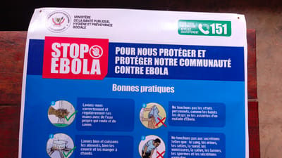 The image shows a close-up of a large, vertically oriented poster or banner, likely displayed outdoors or in a public space. The poster features bold text in French and a graphic design aimed at public health awareness, specifically concerning Ebola.
The top section of the poster displays official emblems and text from the Ministry of Public Health, Hygiene, and Prevention of the Democratic Republic of Congo. Prominently featured is a large red and white "STOP EBOLA" graphic, accompanied by text that translates to "TO PROTECT US AND PROTECT OUR COMMUNITY AGAINST EBOLA." To the right, there is a green graphic with the number "151" and text indicating a free information hotline.
Below this, a section titled "Bonnes pratiques" (Good practices) outlines recommended actions with accompanying illustrations and descriptions. These include washing hands correctly, washing and cooking food thoroughly, and avoiding contact with bodily fluids and secretions.
The poster appears to be made of a durable material, possibly vinyl or PVC, and is designed to withstand outdoor conditions. It is affixed with at least one grommet at the top, suggesting it is hung or tied.
The environment around the poster is visible on the right side, showing a rough, wooden surface that appears to be part of a structure like a wall or table. The lighting suggests it is daytime, with natural light illuminating the poster. The background is out of focus, indicating the photograph was taken at a close range to capture the details of the poster.
The context provided about Kamakombe, Democratic Republic of the Congo, suggests this poster is located in a region actively engaged in public health campaigns against Ebola.