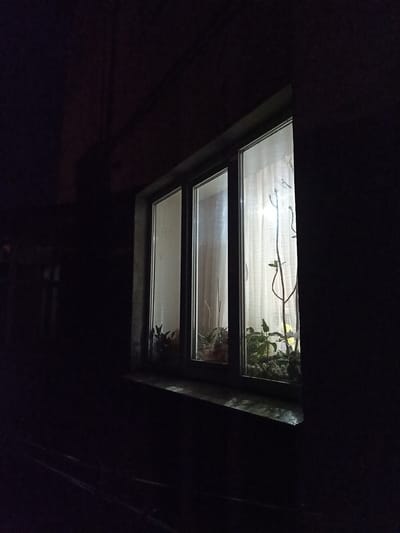 An exterior shot, taken at night, shows a lit window in a dark building. The window is divided into three vertical panes, each with a white curtain behind it. Various potted plants are visible on the windowsill, including what appears to be a small cactus. The building's exterior wall is dark and appears to be made of concrete or stone. The ground outside the window is dark and indistinct. No people are visible. The scene is static and shows no activity. The location is identified as Pochaiv, Ukraine.