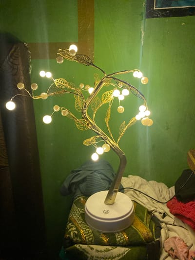 The image captures a brightly lit decorative lamp in an indoor setting, likely in Tanjongkapai, Indonesia. The lamp features a metallic, tree-like structure with numerous delicate gold-colored leaves and small, spherical lights, some glowing intensely white, others appearing as opaque pearls. The lamp's stem connects to a circular white base which has a power symbol (a circle with a vertical line) printed on it.
The dominant background is a textured, solid green surface, possibly a wall or floor, showing some minor scuffs and imperfections. To the right of the lamp, a collection of textiles and clothing is visible, including a dark green fabric with intricate gold patterns, a crumpled off-white cloth, and a section of bright red clothing. A black power cord snakes through these fabrics. In the upper left corner, against the green background, a portion of a dark-framed object or picture is visible.
The bright illumination from the lamp suggests it is operating in a dimly lit environment, possibly at night. No people are present, and no specific activity is taking place beyond the lamp providing light to the immediate area. The scene depicts a segment of an interior space, characterized by the lamp's unique design and the surrounding household items.