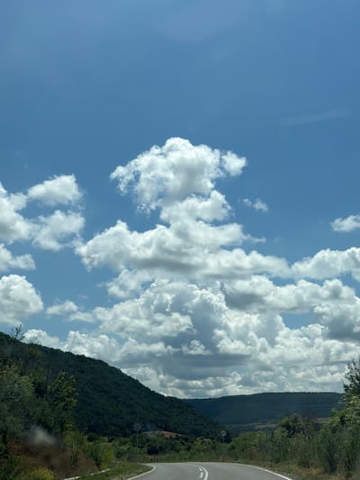 The image captures a view from a winding road in Garchinovo, Bulgaria, under a bright blue sky filled with dramatic cumulus clouds. The road curves to the left in the foreground, with white lane markings visible. To the left of the road, a dense, dark green, tree-covered hillside slopes upwards. The right side of the road transitions into grassy verges and more distant, rolling hills covered in greenery. A few wildflowers are visible in the lower left foreground. The overall scene depicts a natural, rural landscape on a sunny day.