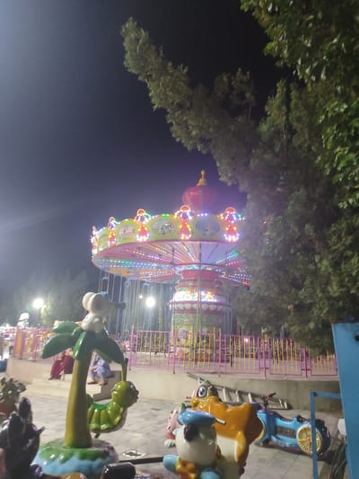 This image depicts a brightly lit amusement park at night in Tursunzoda, Tajikistan. A carousel, adorned with colorful lights and playful imagery, is the central focus of the scene, casting a vibrant glow against the dark sky. Surrounding the carousel are various cartoonish amusement park rides, including a miniature motorcycle and whimsical animal-themed seats. In the foreground, a playful sculpture of a caterpillar hanging from a palm tree-like structure stands out. The park appears to be open to the public, with a few individuals visible in the background, seated or walking amongst the attractions. Lush trees frame the right side of the image, their leaves catching the ambient light. The overall atmosphere is one of festive amusement and nocturnal entertainment.