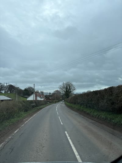 The image depicts a rural asphalt road in Ruyton-XI-Towns, United Kingdom, under an overcast sky. The view is presented from a low perspective, indicative of an occupant inside a vehicle, looking forward. The sky is uniformly covered with light grey clouds.
The road curves gently to the right in the mid-distance. It features a continuous white line marking the left edge and broken white lines indicating the center. The asphalt surface exhibits scattered damp patches. Both sides of the road are bordered by muddy verges, which transition into dense, dark green hedges.
On the left side of the road, behind the hedge line, a white residential building with a brown tiled roof and a prominent brick chimney is visible. Behind this structure, a grassy hill rises, populated with bare deciduous trees and some evergreen foliage. A dark utility pole with at least two power lines extending horizontally across the frame is present on the left. A small, dark green sign with white text, partially obscured by grass, is visible on the left verge.
On the right side of the road, a similar dense, dark green hedge runs parallel to the roadway. Further down the road, behind the hedge, a large, bare deciduous tree with a spreading canopy stands. A dark-colored vehicle is visible in the distance on the road, proceeding away from the viewer. No individuals or direct interactions are discernible within the scene. The environment suggests a temperate, possibly winter or early spring, setting due to the bare trees.