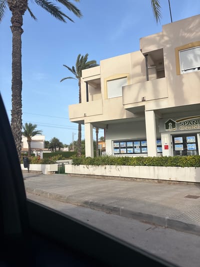 The image shows a commercial building in Urbanización Cabo Roig, Spain, with a real estate agency sign visible that reads "SPANISH ONLINE". The building is light beige with balconies and some windows are covered by rolling shutters. Palm trees are present in front of and to the side of the building, along with some greenery and bushes. A paved walkway is in the foreground, adjacent to a street. The sky is clear and blue. No people are visible in the frame.