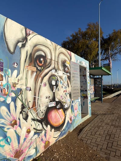 A concrete structure features graffiti art, primarily depicting an animal's face with prominent eyes and a pink-shaded nose. Floral patterns in white and pink are painted around the base. Notices and flyers are adhered to the painted surface and to the structure's top. It stands next to a paved walkway with gravel bordering it. Behind the structure is a bus stop, trees, and a clear blue sky.