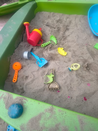 This is a high-angle, close-up, eye-level shot of a sandbox filled with sand toys. The sandbox itself is predominantly green plastic with a blue, plastic sand bucket visible at the top left. Scattered within the sand are several brightly colored toys, including a red and yellow watering can, a blue plastic shovel, a light blue scoop, an orange handled shovel, and a green rake. There are also a few yellow plastic sand molds, one shaped like a dinosaur and another like a fish or crocodile. Several small pink petals are also scattered in the sand, possibly from a nearby flower. The sand appears dry and slightly damp in places. The overall impression is one of a playful outdoor setting, likely a backyard or park, where children might be engaged in sand play. There is no visible text in the image. The lighting suggests it is daytime.