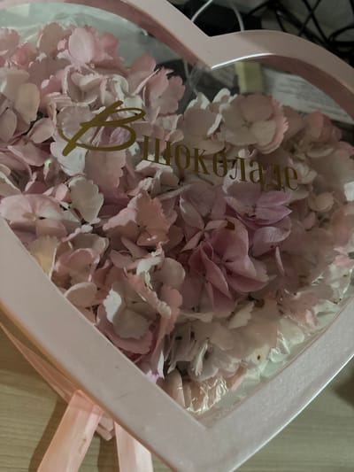 The image shows a heart-shaped box filled with pink and white hydrangea flowers. A gold cursive inscription is visible on the transparent lid of the box, reading "Шоколаде," which translates to "chocolate." The box is partially open, revealing the flowers inside. The box is trimmed with a pale pink ribbon. The background is blurred and appears to be a desk with some cables. The scene is indoors, and no specific location in Siberia, Russia, can be identified from the image.