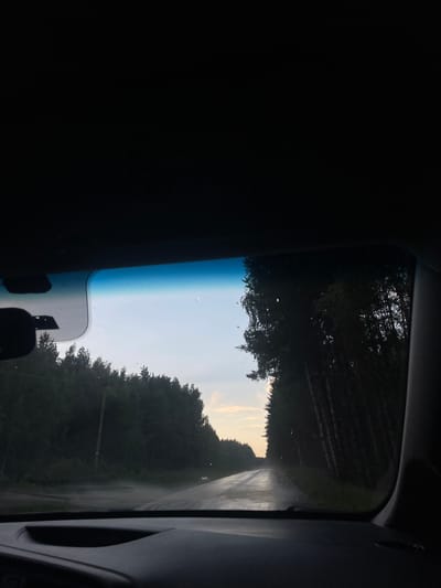 The image, taken from inside a vehicle, shows a view through the windshield of a wet asphalt road through a forest. The sky is overcast with a hint of sunset colors on the horizon. The road appears to be in a rural area, with trees lining both sides. There are no people or other vehicles visible in the scene. The dashboard of the car is partially visible in the foreground. The location is identified as Pokrovskoye, Russia.
