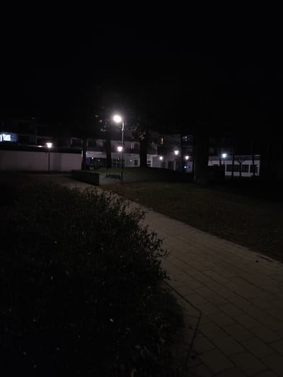 The image displays an outdoor urban or park-like scene at night, located in an unidentified area within Göttingen, Germany. A paved pedestrian walkway constructed from rectangular light-colored pavers extends from the bottom right corner towards the center-left. To the immediate left of this path, a dense, dark green shrub occupies the foreground. Beyond the shrub and path, a grassy expanse scattered with fallen leaves is visible. In the midground, a low, dark gray rectangular concrete structure, possibly a bench or planter, features white graffiti on its right-facing side. Multiple modern streetlights emit bright white illumination throughout the scene; a prominent pole-mounted streetlight stands centrally. Several trees, primarily deciduous and sparsely foliated, are interspersed throughout the midground and background. In the background, multiple multi-story buildings with various window configurations are visible, some exhibiting interior illumination. The sky is completely dark. No individuals are present in the scene.