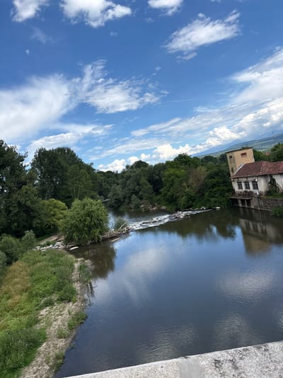 The original image is a landscape view of the Struma River in Nevestino, Bulgaria, taken on a partly cloudy day. In the foreground, the river flows from the left to the right of the frame, reflecting the sky and surrounding trees. The riverbanks are lined with lush green vegetation, with some bare, sandy areas visible on the left.
Further into the scene, the river narrows and appears to have a small cascade or rocky rapids. On the right side of the river, a dilapidated building complex is situated on the bank. This complex consists of two structures: a larger building with a red tile roof and windows, and a smaller, taller, cream-colored annex attached to it. The architecture suggests an older, possibly industrial or water-powered facility, now showing signs of disrepair.
Beyond the river and the building, a dense forest of green trees stretches across the middle ground, creating a verdant backdrop. In the distance, rolling hills and mountains are visible under a bright blue sky dotted with white cumulus clouds. The overall impression is one of a natural landscape with a touch of historical industrial architecture.