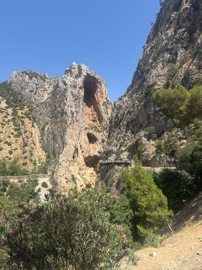 The image depicts a scenic view of a rugged, mountainous landscape under a clear, bright blue sky. The primary subject is the imposing rock face, characterized by its varied textures, strata, and natural formations, including what appear to be cave openings or overhangs. Lush green vegetation, including trees and shrubs, clings to the slopes and the base of the cliffs, interspersed with patches of dry, rocky terrain. In the middle ground, a narrow, winding path or walkway is visible, constructed along the side of the cliff face, with railings indicating it is a pedestrian route. A few small figures, presumably people, can be seen on this path, suggesting it is a tourist or hiking trail. The sun appears to be high in the sky, casting shadows and highlighting the contours of the rock and foliage, suggesting it is likely midday. The overall impression is one of natural beauty and a destination for outdoor exploration. The location is Ardales, Spain.