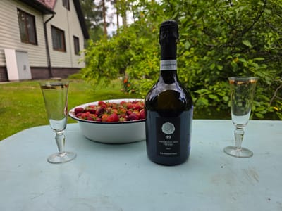 In the city of Orekhovo, Russia, a light blue table sits outdoors with a bottle of San Martino Prosecco DOC Treviso Brut, a white bowl filled with fresh strawberries, and two clear glasses with gold rims. The bottle is dark green with a black foil capsule and a label that reads "SANMARTINO 99 PROSECCO DOC TREVISO BRUT SANMARTINO". The bowl of strawberries is white with a blue rim. The background features a light-colored house with a dark roof, green trees, and grass. The scene appears to be set in a backyard or garden.