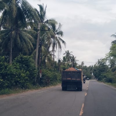 This image depicts a rural road scene in Padangkasab, Indonesia, characterized by lush tropical vegetation and an overcast sky. The asphalt road features a solid white line on the left edge and broken yellow lines separating lanes. A dark-colored dump truck, partially filled with light brown material (likely sand or earth), is prominent in the foreground, moving away from the viewer in the right lane. A person on a scooter is following the truck, also heading away. Further down the road, other vehicles, including a car and additional scooters, are visible.
The setting is dominated by dense foliage, primarily tall coconut palm trees and various green bushes, lining both sides of the road. On the left, several wooden utility poles with intricate networks of power lines are visible among the palm trees. One pole also features distinctive red and white banding near its base. On the right side, a tall, metal cellular communication tower rises above and through the canopy of palm trees in the mid-distance. The sky is entirely covered with light gray clouds, indicating an overcast day. The scene captures typical daytime activity in a tropical, rural environment. There is no discernible text visible in the image.