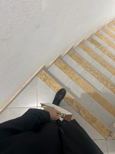 A person stands on a staircase. The steps feature alternating light beige wood-look planks and white tiled risers. The person wears a black outfit and black shoes. They hold a beige wallet with a brown trim and gold zipper. The camera angle is downward, looking from above. The staircase appears to be in a modern, indoor setting.