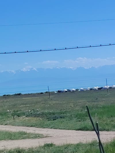 The image depicts a natural landscape with a body of water in the middle ground, framed by a vast expanse of blue sky above. In the distance, snow-capped mountains rise majestically, their peaks dusted with white. Along the shoreline, a cluster of yurt-like structures, typical of traditional nomadic dwellings, are visible. These structures, likely part of a tourist camp or settlement, are arranged in a line. A dirt road cuts through the foreground, its surface textured with patches of dry earth and sparse vegetation. The surrounding terrain is a rolling expanse of green grass and low-lying scrub. The scene is a serene and picturesque representation of the Kyrgyz landscape, potentially near Ornek, Kyrgyzstan, known for its natural beauty and nomadic culture. The lighting suggests it is daytime, with clear skies and bright sunshine.