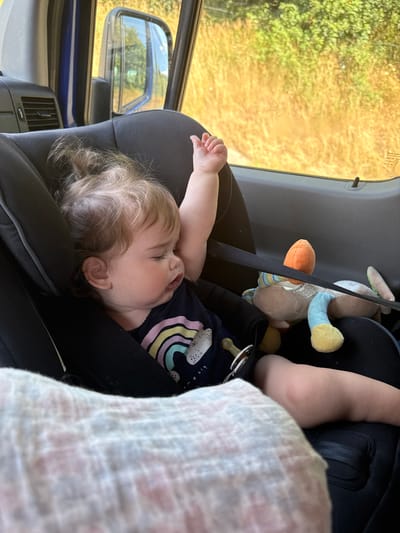 A young child is asleep in a car seat. The child is facing left, with their head tilted to the right and their right arm raised. They are wearing a dark shirt with a rainbow design. A pacifier is attached to the shirt. A plush toy is next to the child. The car seat is black, and there is a white blanket in the foreground. Outside the window, there is a blurry view of yellow grass and green trees. The image appears to have been taken in Steiningen, Germany.