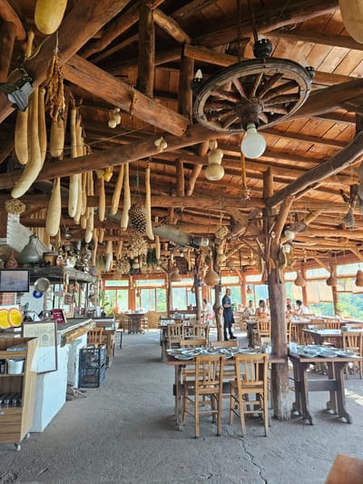 This image depicts the interior of a rustic restaurant located in Tire, Turkey. The scene features a high, exposed wooden beam ceiling from which numerous dried, elongated gourds of various sizes, bundles of dried red peppers, and dried herbs are suspended. A large, weathered wagon wheel, painted in red and black, functions as a chandelier with multiple light bulbs, including a large white globe bulb at its center. Other light fixtures, including a black industrial spotlight, are also visible.
In the foreground and mid-ground, multiple simple wooden tables are arranged with matching chairs, many set with white plates and cutlery. The floor is concrete with visible cracks. Along the left side of the image, a counter area with a rough-hewn wooden top rests on a white-painted brick base. This counter displays various items, including traditional metal ewers, ceramic pots, small metal trays, and framed awards or certificates, some indicating dates like "2018," "2020," and "2021." A small wooden cabinet on wheels is positioned at the far left.
Further into the restaurant, approximately 10-15 individuals are present. Most are seated at tables, engaged in dining or conversation. One man, dressed in a black shirt and black trousers, stands near a thick wooden pillar in the mid-ground, facing away from the camera. Large windows with wooden frames line the far wall, offering a view of dense green foliage and trees outside, providing natural light to the interior. Various other decorative gourds and natural elements like a large pinecone and a metal fish-shaped object are also suspended from the ceiling beams.