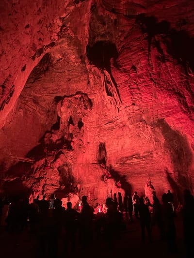 The image depicts a cavernous interior, illuminated by a vibrant red light, in Gollagutta, India. A large gathering of people stands in the foreground, silhouetted against the red glow, facing into the cave. The cave walls are textured and uneven, showing geological formations and shadows. In the background, several figures are visible among the rock formations, some appearing to be seated or posed in meditative stances. There are also what appear to be statues or artistic representations interspersed within the cave's natural structure. The atmosphere is dramatic and somber, with the red lighting casting an intense, almost otherworldly ambiance over the scene.