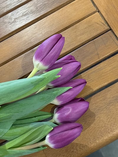A group of five purple tulip buds, each displaying a distinct white tip at the base of its petals and vibrant green leaves, rests diagonally on a light-brown slatted wooden surface. The wooden surface, composed of parallel planks, exhibits a visible grain and is situated in the city of Trudobelikovskiy, Russia. The tulips are positioned from the lower-left to the upper-right of the frame. No other subjects or objects are visible.